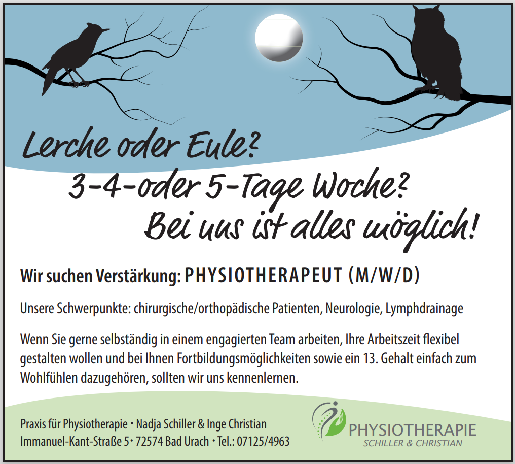 Stellenanzeige Physiotherapie Schiller & Christian Bad Urach